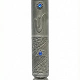 Elegant Moroccan Mezuzah made of pewter, 4.5 inches tall, with Hebrew inscriptions, decorative motifs, and designed for home doorways.