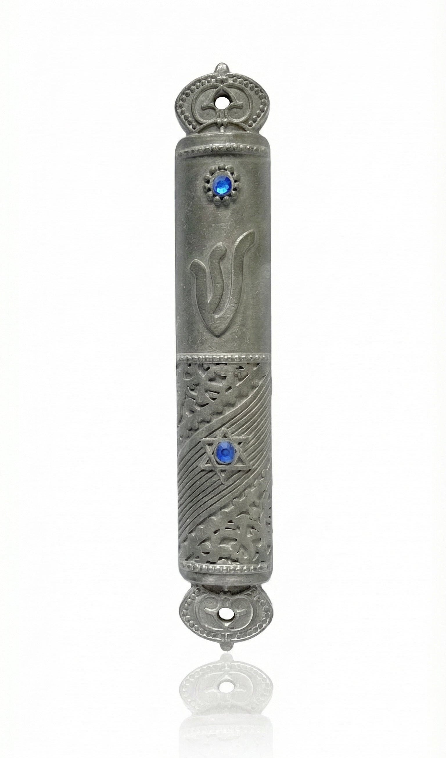 Elegant Moroccan Mezuzah made of pewter, 4.5 inches tall, with Hebrew inscriptions, decorative motifs, and designed for home doorways.