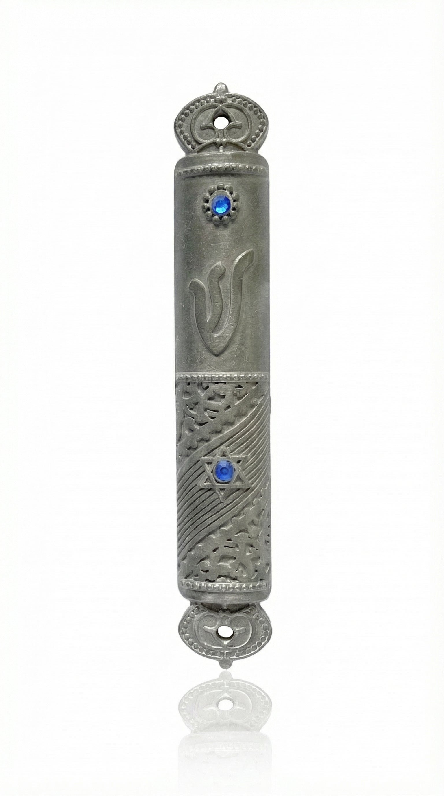 Elegant Moroccan Mezuzah made of pewter, 4.5 inches tall, with Hebrew inscriptions, decorative motifs, and designed for home doorways.