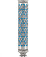 Blue Mosaic Magen David Mezuzah with sequin accents, Middle Eastern style, on a white studio background with soft reflection.