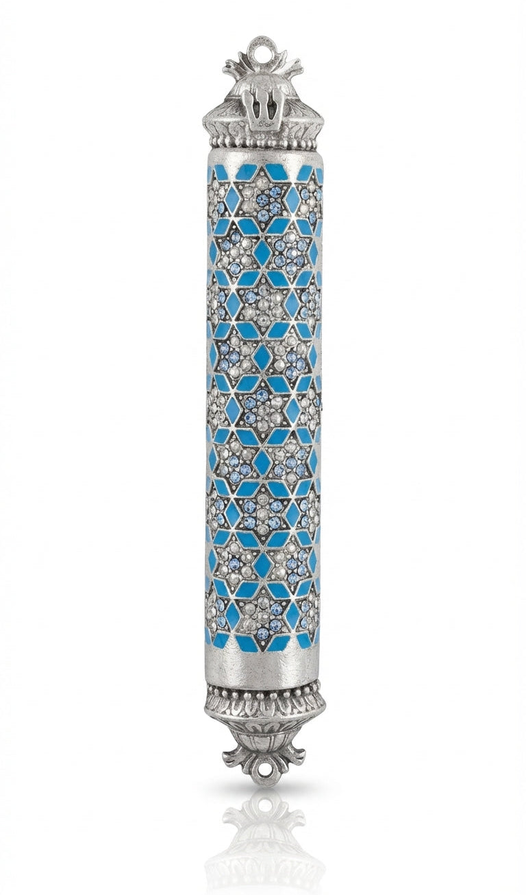 Blue Mosaic Magen David Mezuzah with sequin accents, Middle Eastern style, on a white studio background with soft reflection.