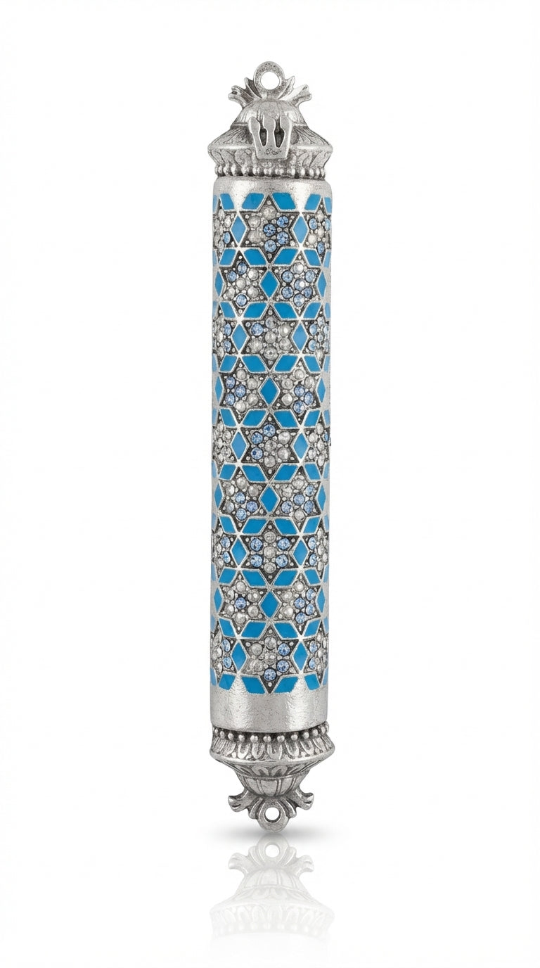 Blue Mosaic Magen David Mezuzah with sequin accents, Middle Eastern style, on a white studio background with soft reflection.