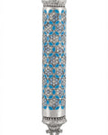 Blue Mosaic Magen David Mezuzah with sequin accents, Middle Eastern style, on a white studio background with soft reflection.