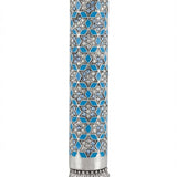 Blue Mosaic Magen David Mezuzah with sequin accents, Middle Eastern style, on a white studio background with soft reflection.