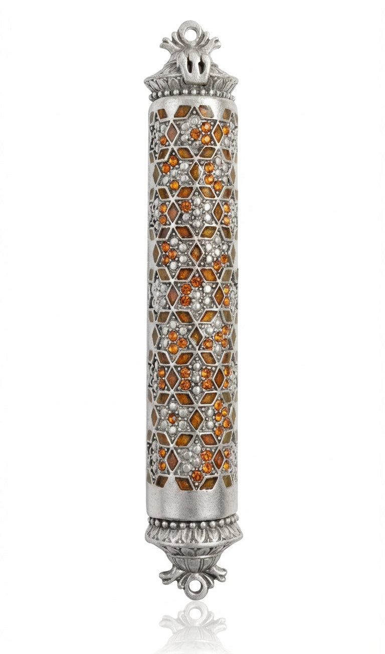 Brown Mosaic Magen David Mezuzah with sequined borders, crafted in Middle Eastern style, 5.5 inches tall, for Jewish home decoration.