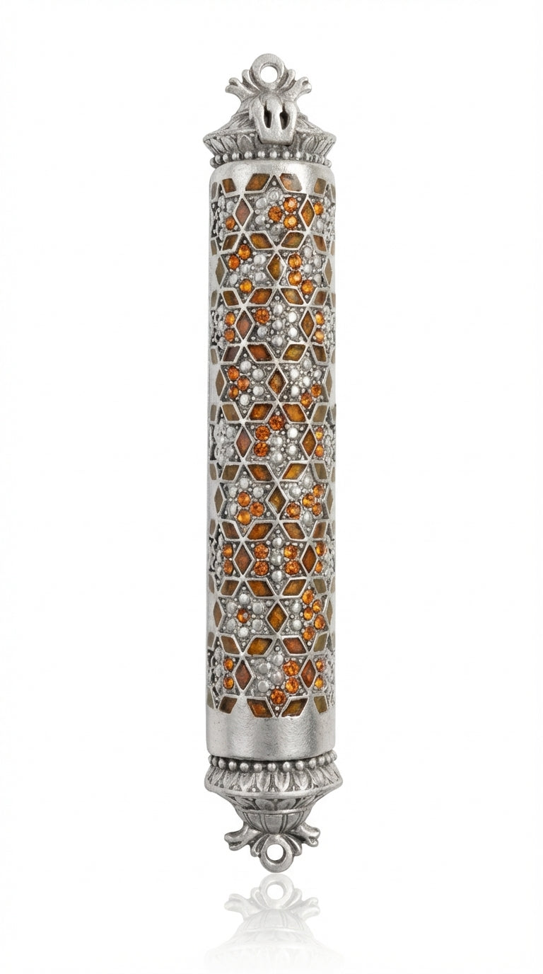 Brown Mosaic Magen David Mezuzah with sequined borders, crafted in Middle Eastern style, 5.5 inches tall, for Jewish home decoration.