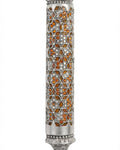 Brown Mosaic Magen David Mezuzah with sequined borders, crafted in Middle Eastern style, 5.5 inches tall, for Jewish home decoration.