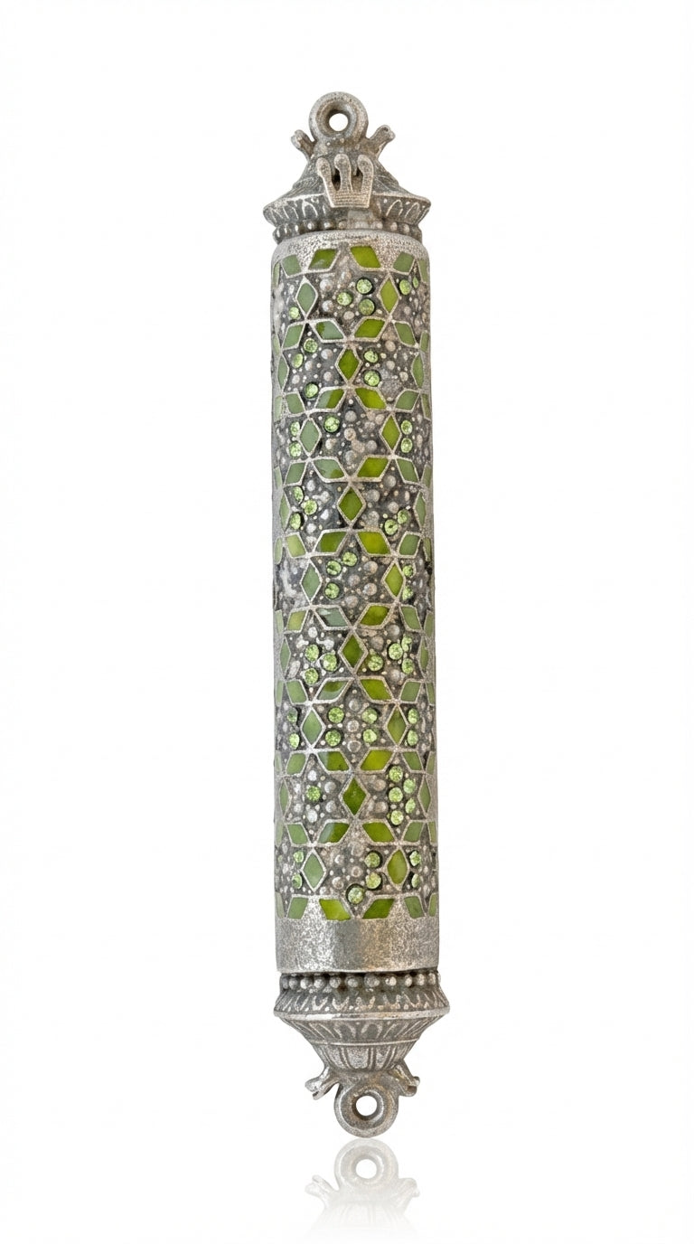 Green mosaic-style Mezuzah with small Magen David shapes and sequin stones, suitable for Jewish home doorways.