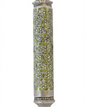 Green mosaic-style Mezuzah with small Magen David shapes and sequin stones, suitable for Jewish home doorways.
