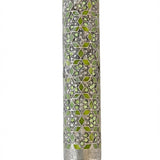 Green mosaic-style Mezuzah with small Magen David shapes and sequin stones, suitable for Jewish home doorways.