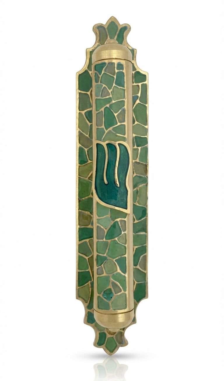 Detailed mosaic-style brass mezuzah made in Israel, hand painted with enamel, with a 2.8 inch scroll option, suitable for home doorways.