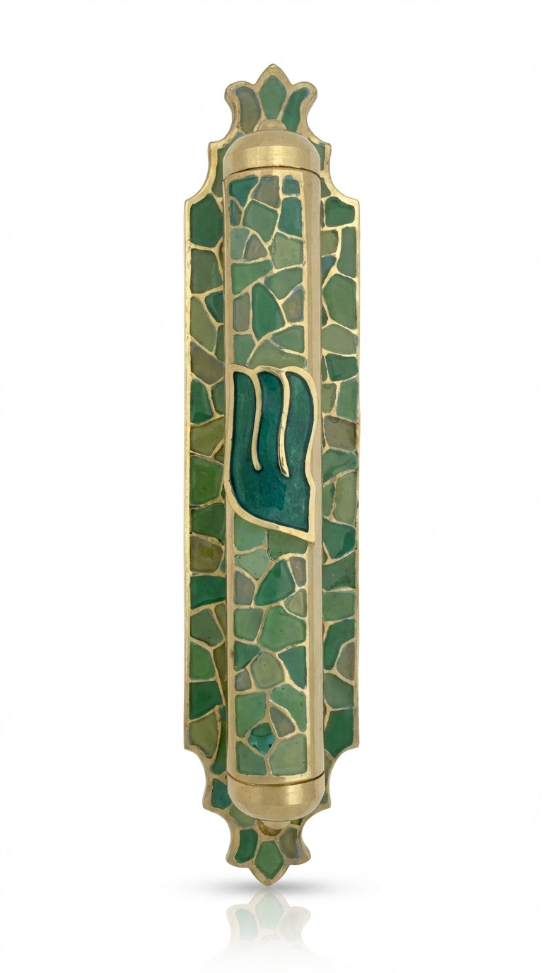 Detailed mosaic-style brass mezuzah made in Israel, hand painted with enamel, with a 2.8 inch scroll option, suitable for home doorways.