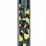 Detailed mosaic pewter mezuzah with engraved Hebrew symbols, designed for home doorways, with a white studio background and soft reflection.