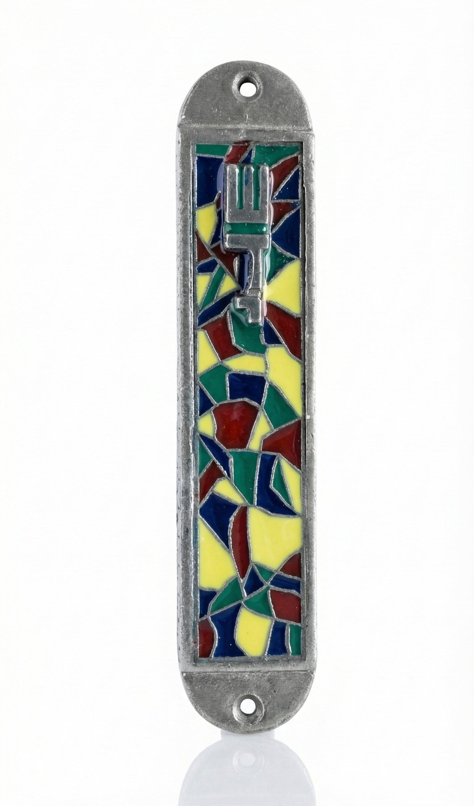 Detailed mosaic pewter mezuzah with engraved Hebrew symbols, designed for home doorways, with a white studio background and soft reflection.