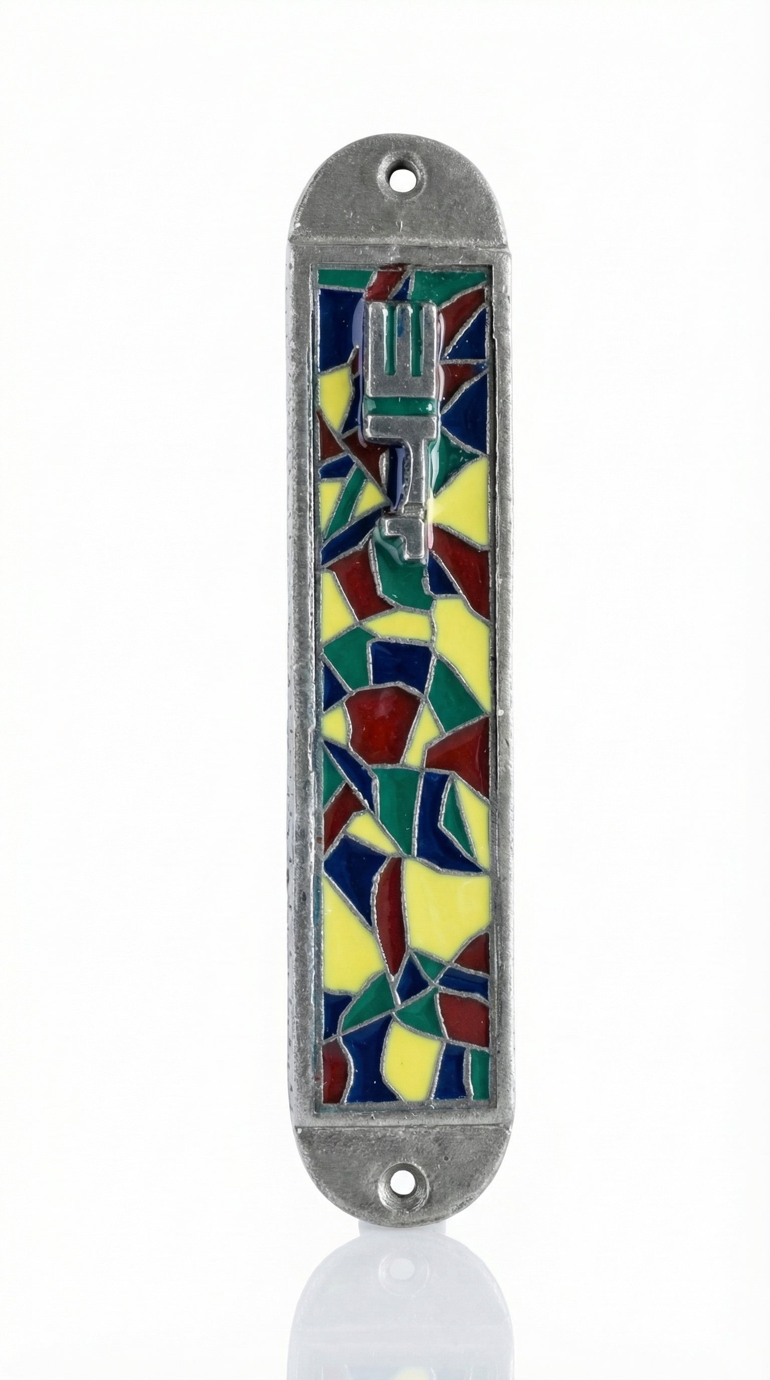 Detailed mosaic pewter mezuzah with engraved Hebrew symbols, designed for home doorways, with a white studio background and soft reflection.