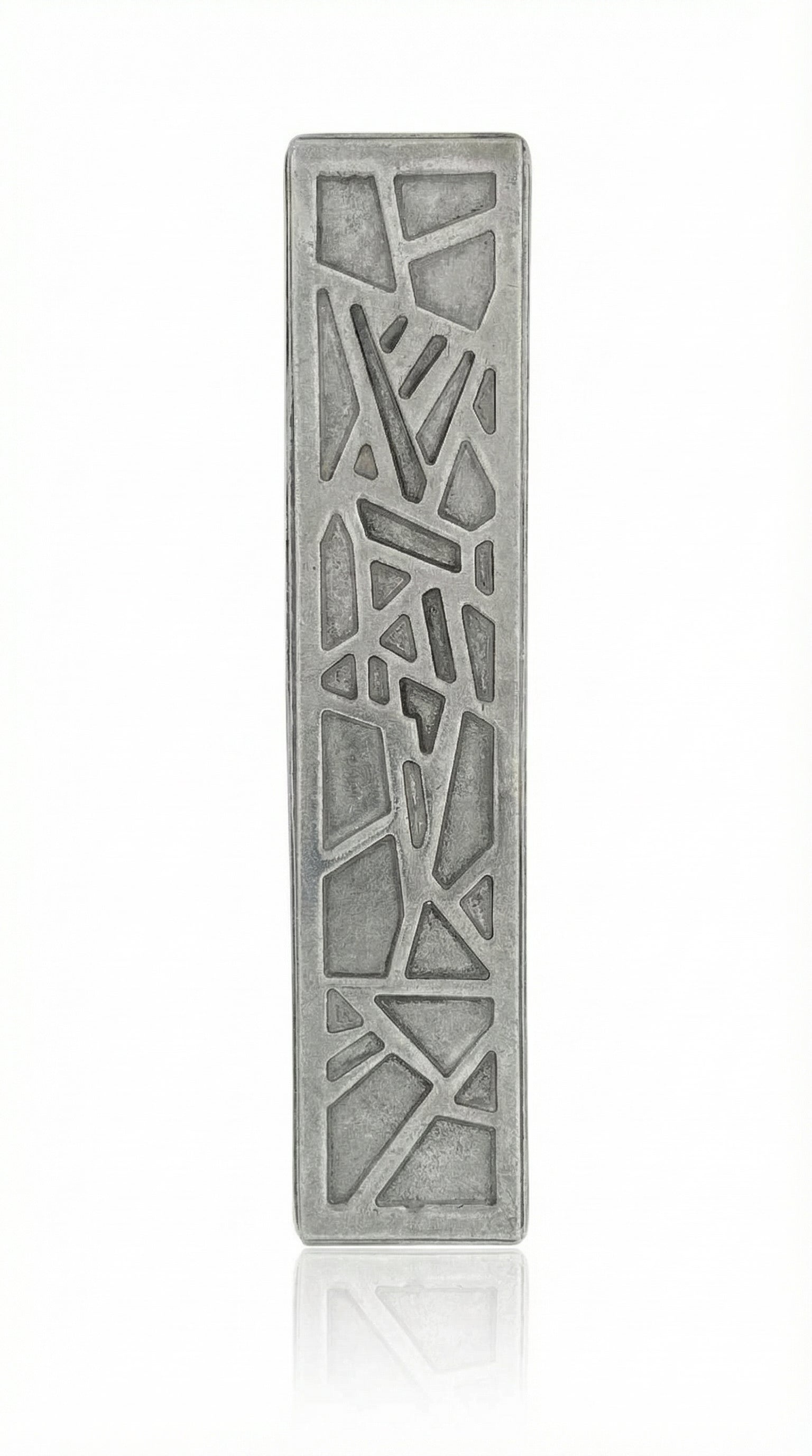 Rectangular silver-colored pewter mezuzah case with a modern mosaic geometric pattern.