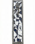 Elegant shadow-style mosaic pewter mezuzah 5.1 inches long with intricate details, Hebrew inscriptions, and a smooth finish, displayed on a white background.