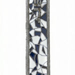 Elegant shadow-style mosaic pewter mezuzah 5.1 inches long with intricate details, Hebrew inscriptions, and a smooth finish, displayed on a white background.