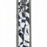 Elegant shadow-style mosaic pewter mezuzah 5.1 inches long with intricate details, Hebrew inscriptions, and a smooth finish, displayed on a white background.