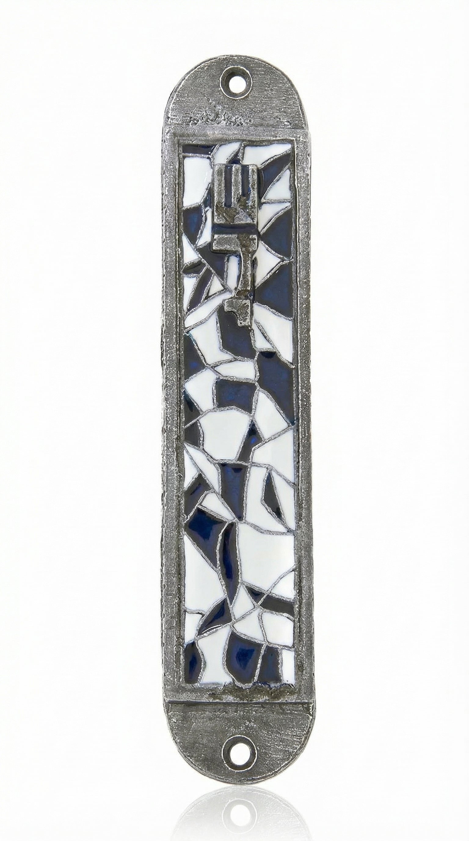 Elegant shadow-style mosaic pewter mezuzah 5.1 inches long with intricate details, Hebrew inscriptions, and a smooth finish, displayed on a white background.