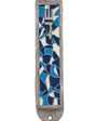 Detailed mosaic pewter mezuzah with Hebrew engravings, designed for doorpost decoration, with a polished white studio background and subtle reflection.