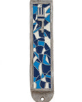 Detailed mosaic pewter mezuzah with Hebrew engravings, designed for doorpost decoration, with a polished white studio background and subtle reflection.