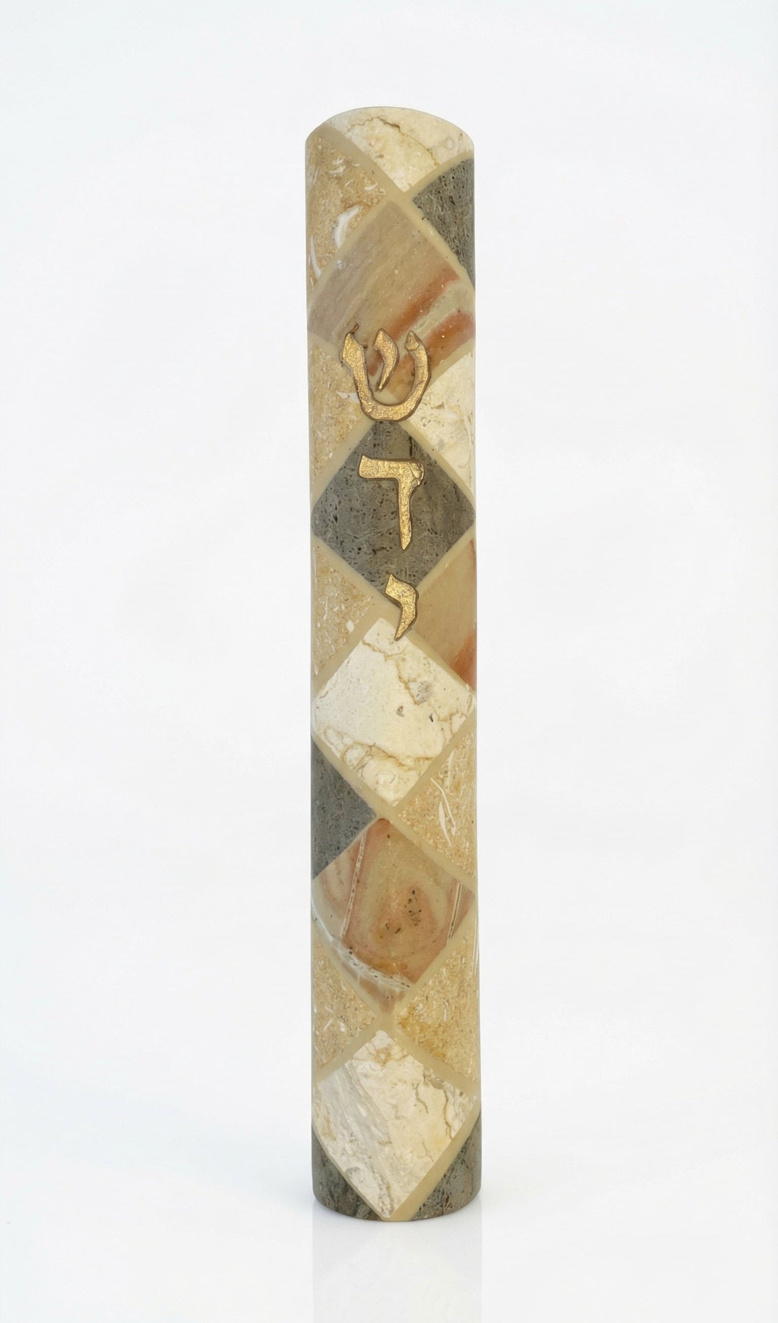 Large Mosaic Stone Mezuzah with detailed Hebrew inscriptions, engraved motifs, and unique stone variations, suitable for front door decor.