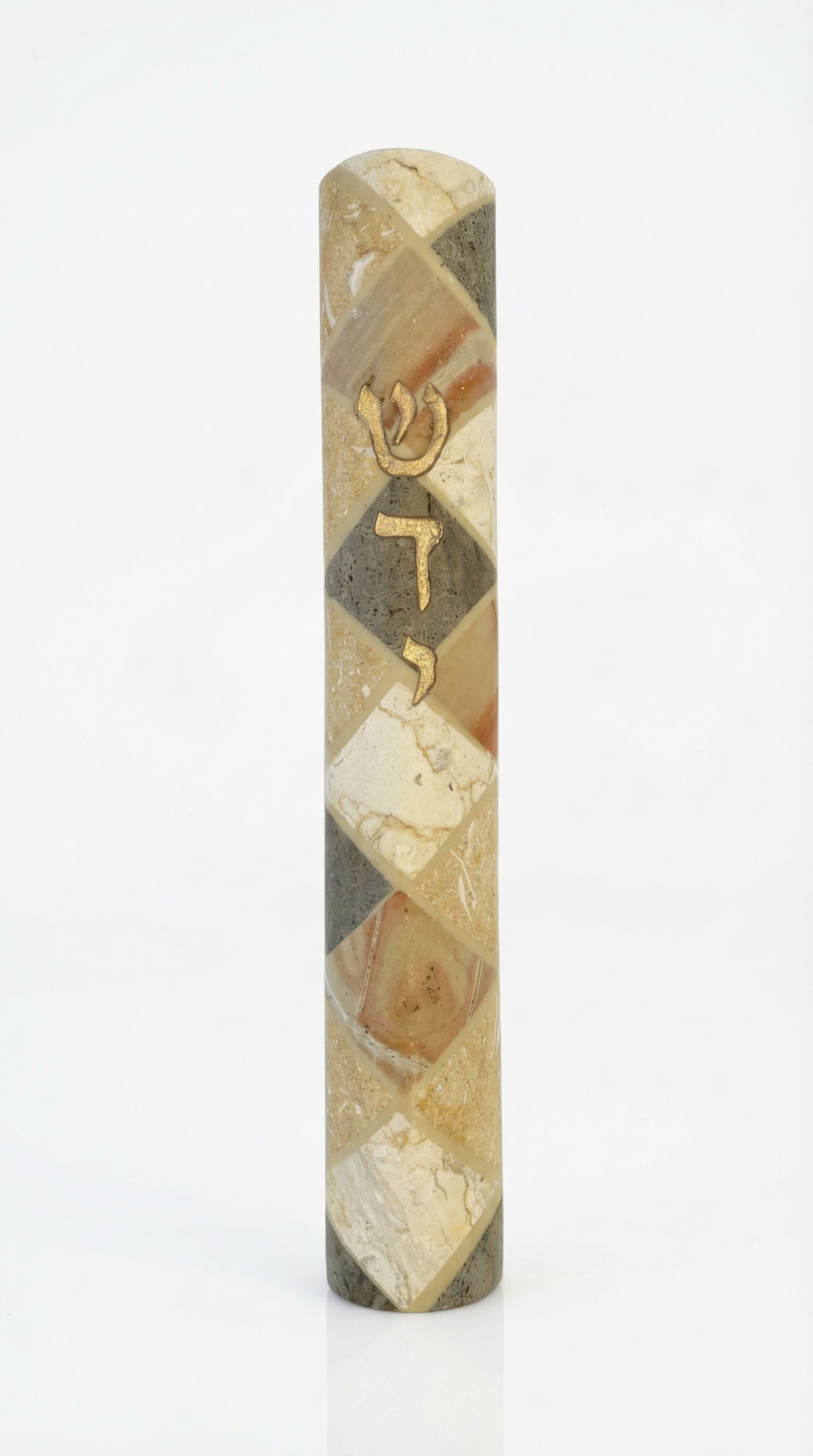 Large Mosaic Stone Mezuzah with detailed Hebrew inscriptions, engraved motifs, and unique stone variations, suitable for front door decor.