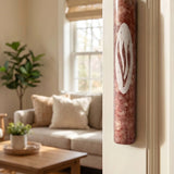 a 7-inch pink color Rose Veiled Shin natural marble mezuzah case made in Israel with scroll-fit and doorway-use details mounted on a interior residential doorway
