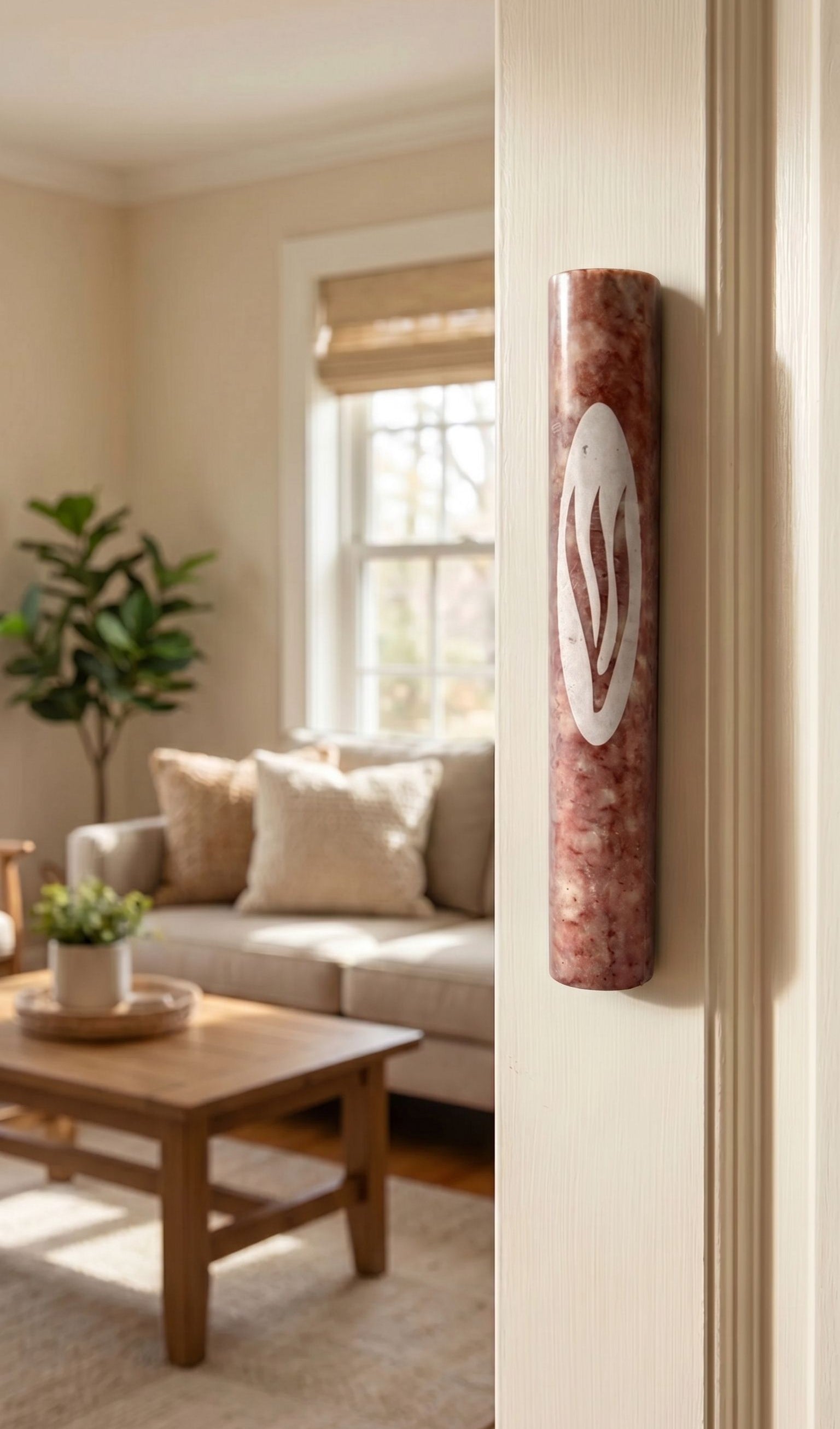 a 7-inch pink color Rose Veiled Shin natural marble mezuzah case made in Israel with scroll-fit and doorway-use details mounted on a interior residential doorway