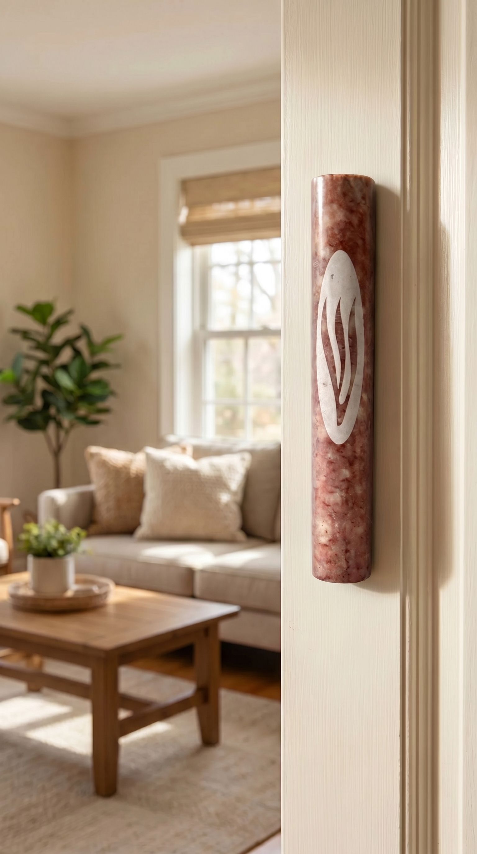 a 7-inch pink color Rose Veiled Shin natural marble mezuzah case made in Israel with scroll-fit and doorway-use details mounted on a interior residential doorway