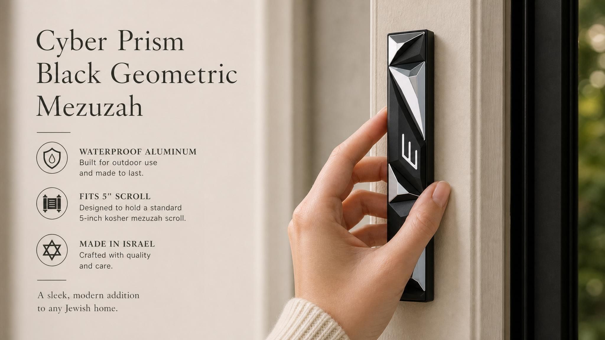 Black and silver geometric mezuzah mounted on a residential doorpost in a natural, well-lit home interior.