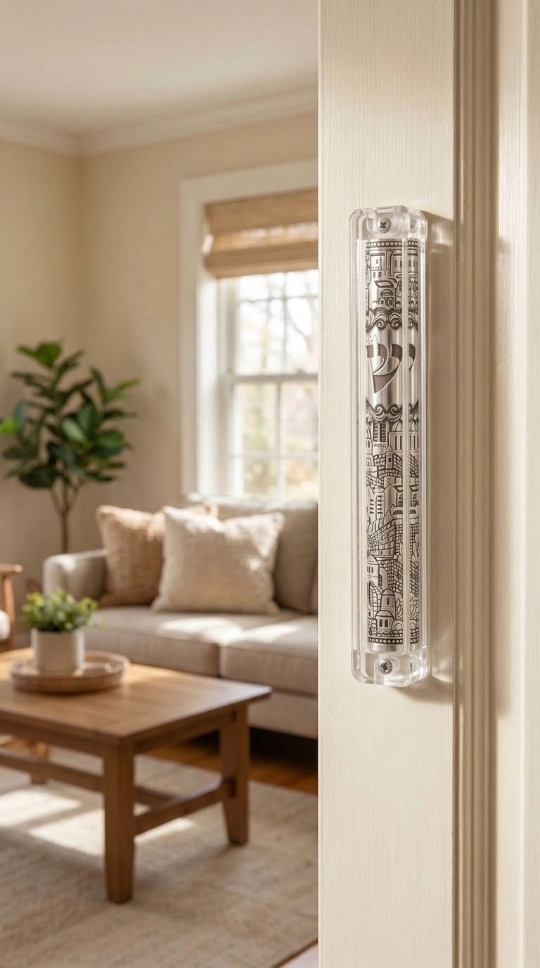 Realistic image of the Clear Jerusalem Silver Plaque Lucite Mezuzah mounted on a residential doorpost inside a home.
