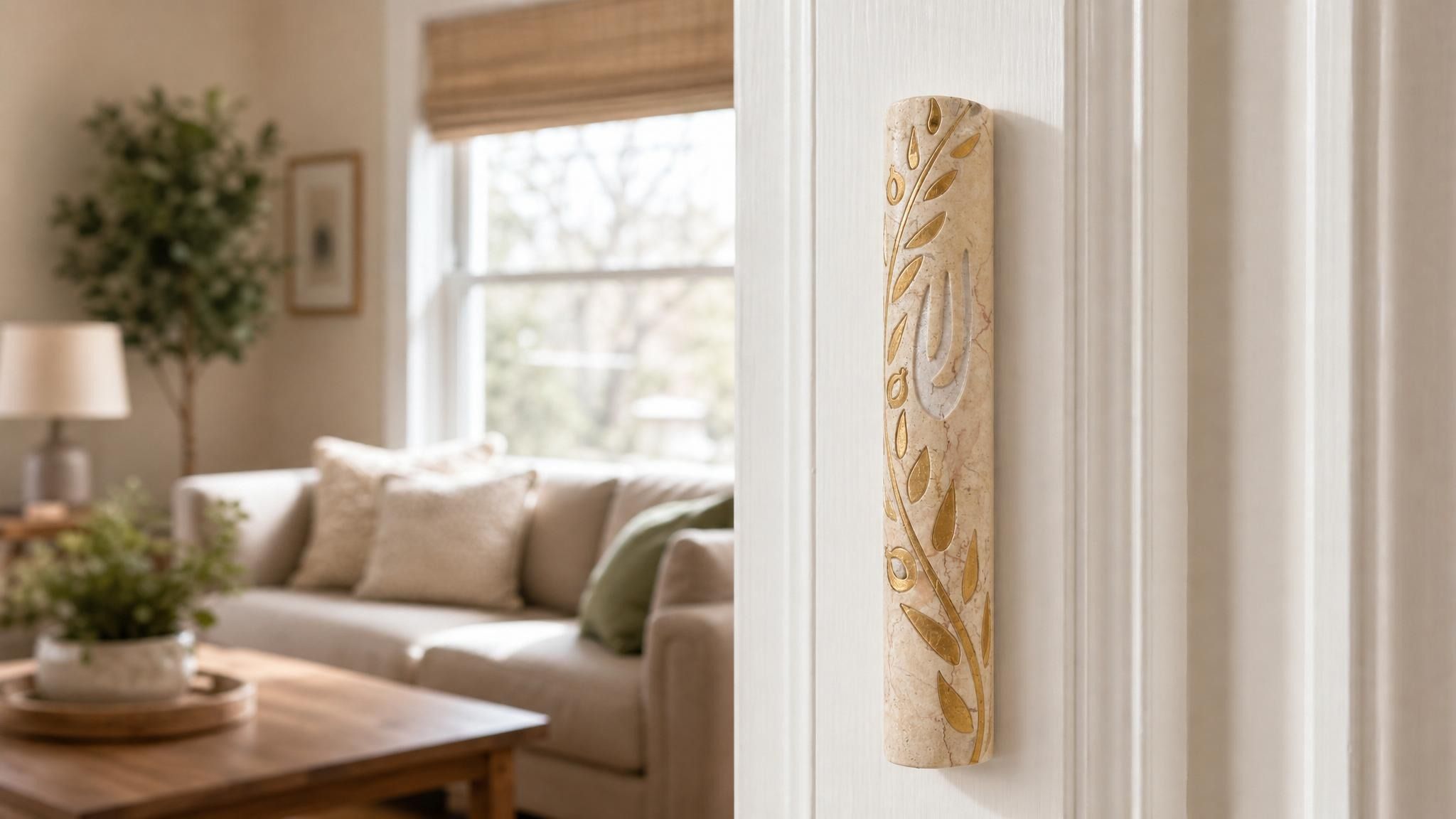 Jerusalem stone mezuzah mounted vertically on a residential doorpost in a natural indoor setting, showcasing its elegant design and materials.