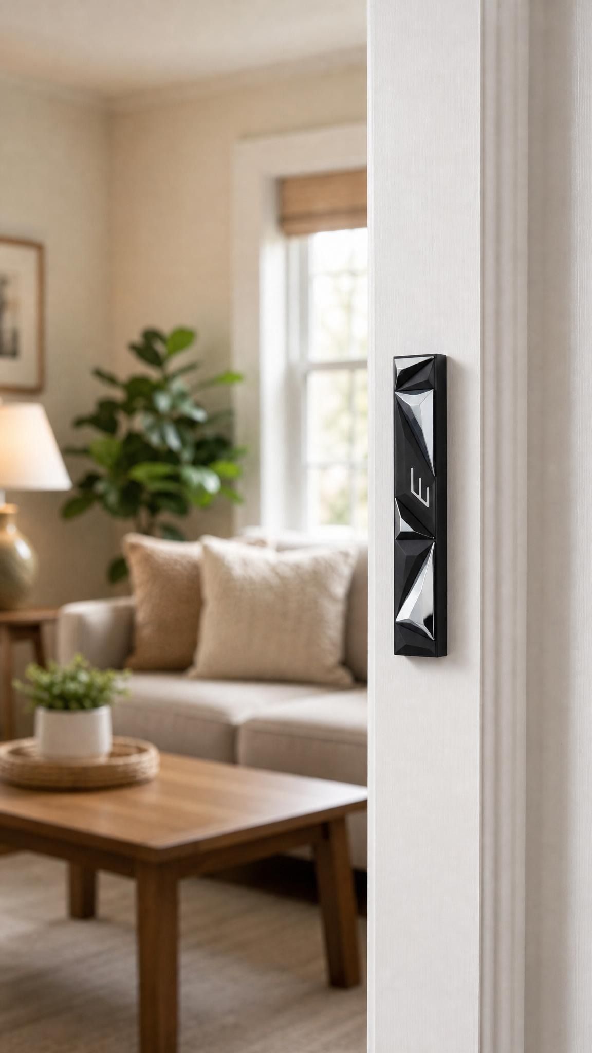 Realistic indoor shot of the mezuzah mounted correctly on a residential doorpost on the right side, showing orientation and placement.
