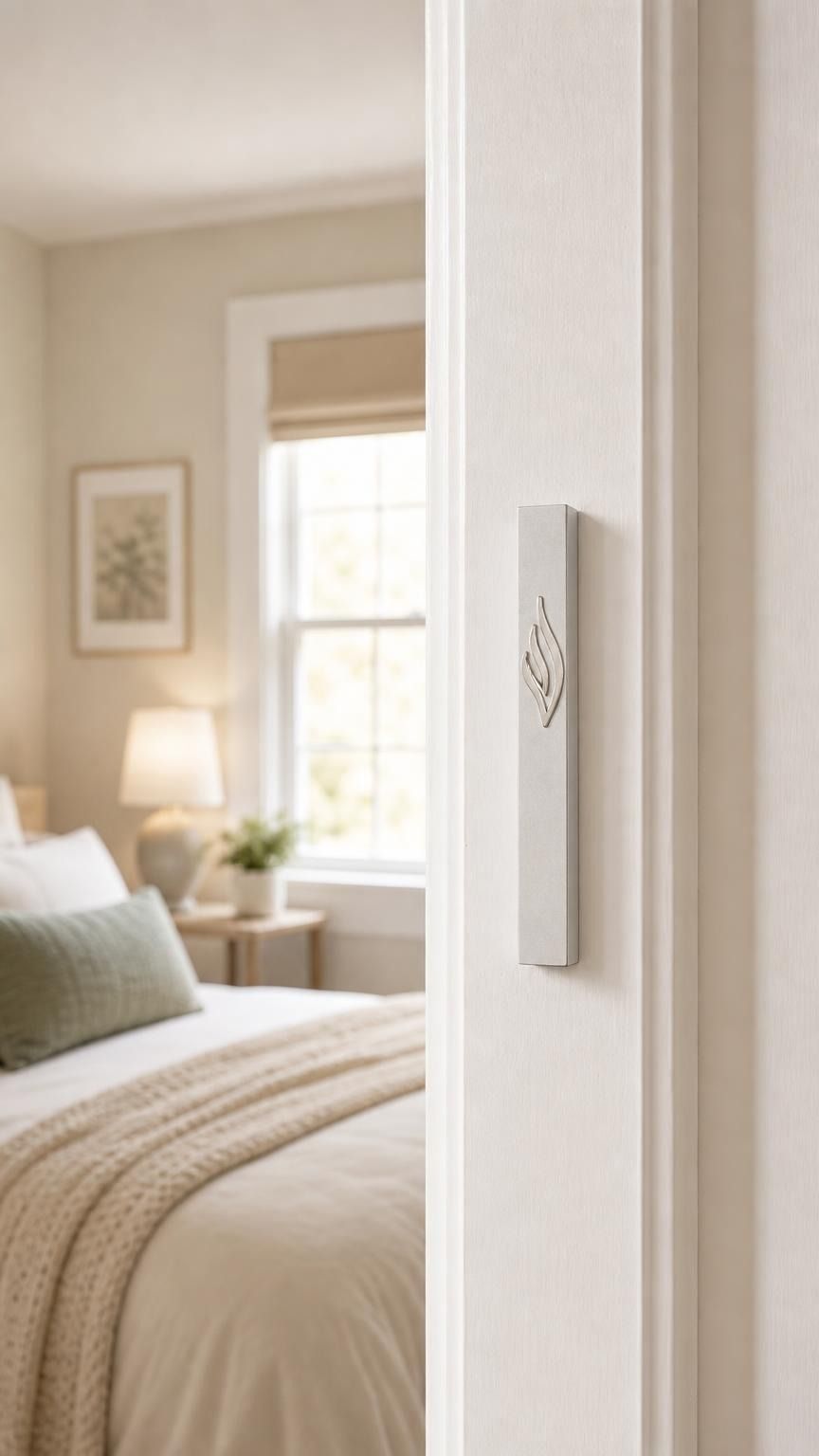 Eternal Flame silver aluminum mezuzah mounted on a white bedroom doorpost, with a minimalist raised ner tamid and Shin design in a bright contemporary Jewish home