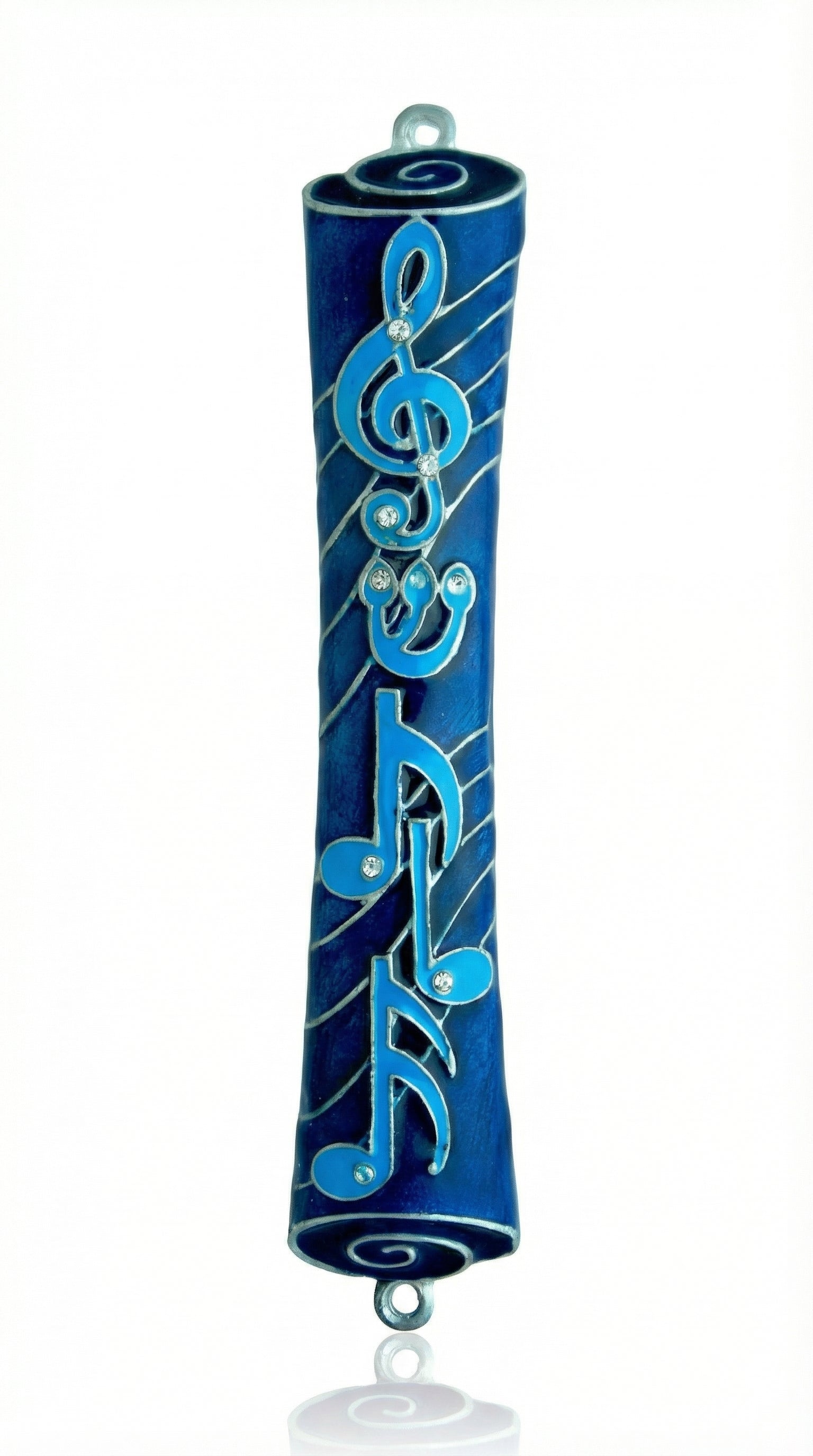 Hand-painted blue pewter mezuzah with musical symbols, treble clef, decorative stones, 5.5 inches tall, suitable for home door blessings