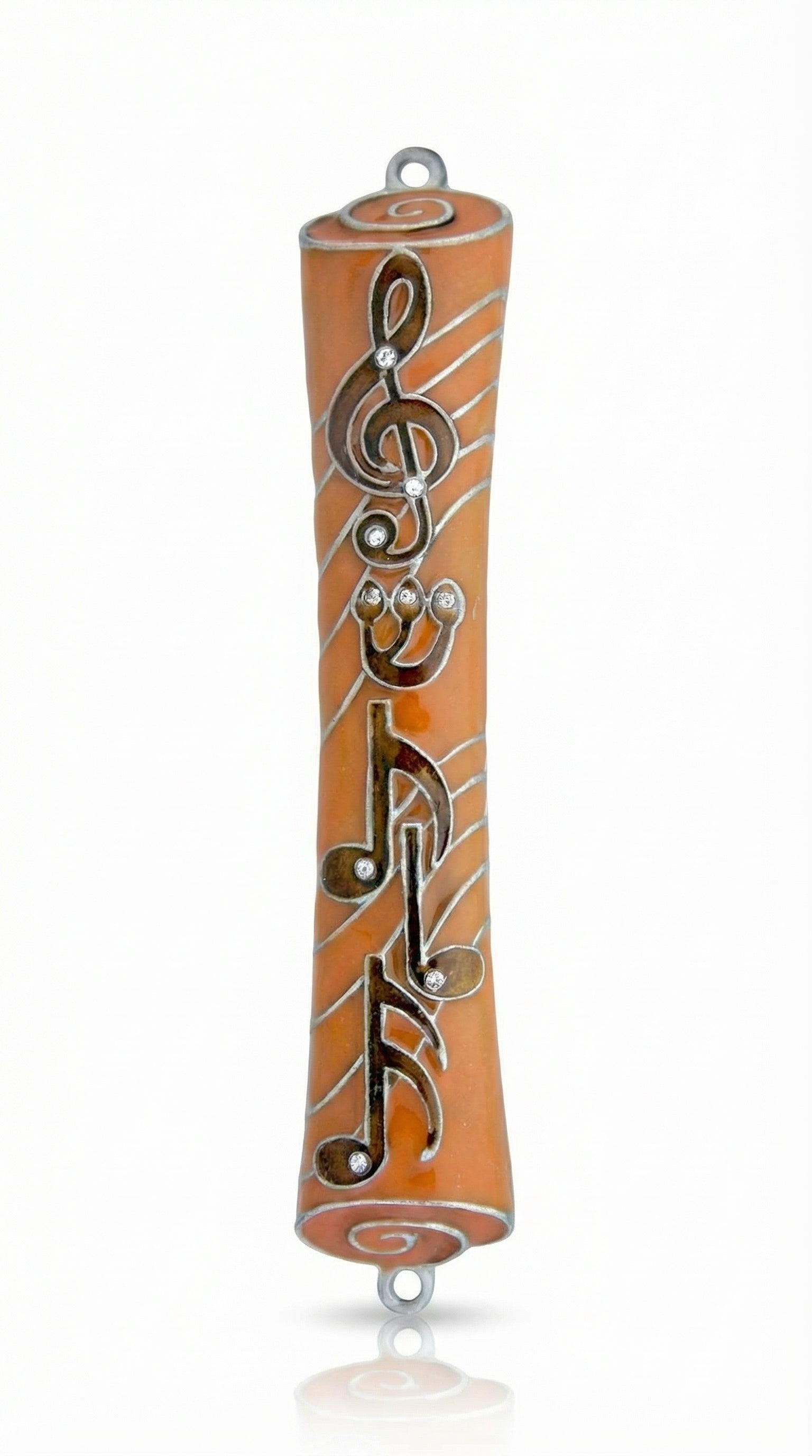 Orange pewter mezuzah with musical symbols, treble clef, decorated stones, suitable for home doors, glossy finish, handcrafted in USA.