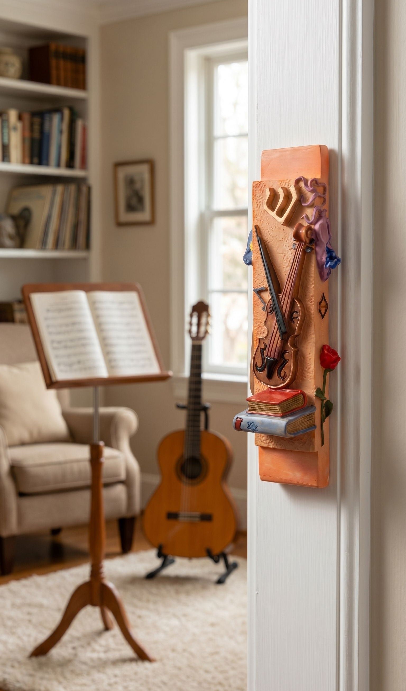 Hyper-realistic image of a bold orange violin motif mezuzah mounted on a narrow doorway in a music-themed room, emphasizing craftsmanship and vibrant color.