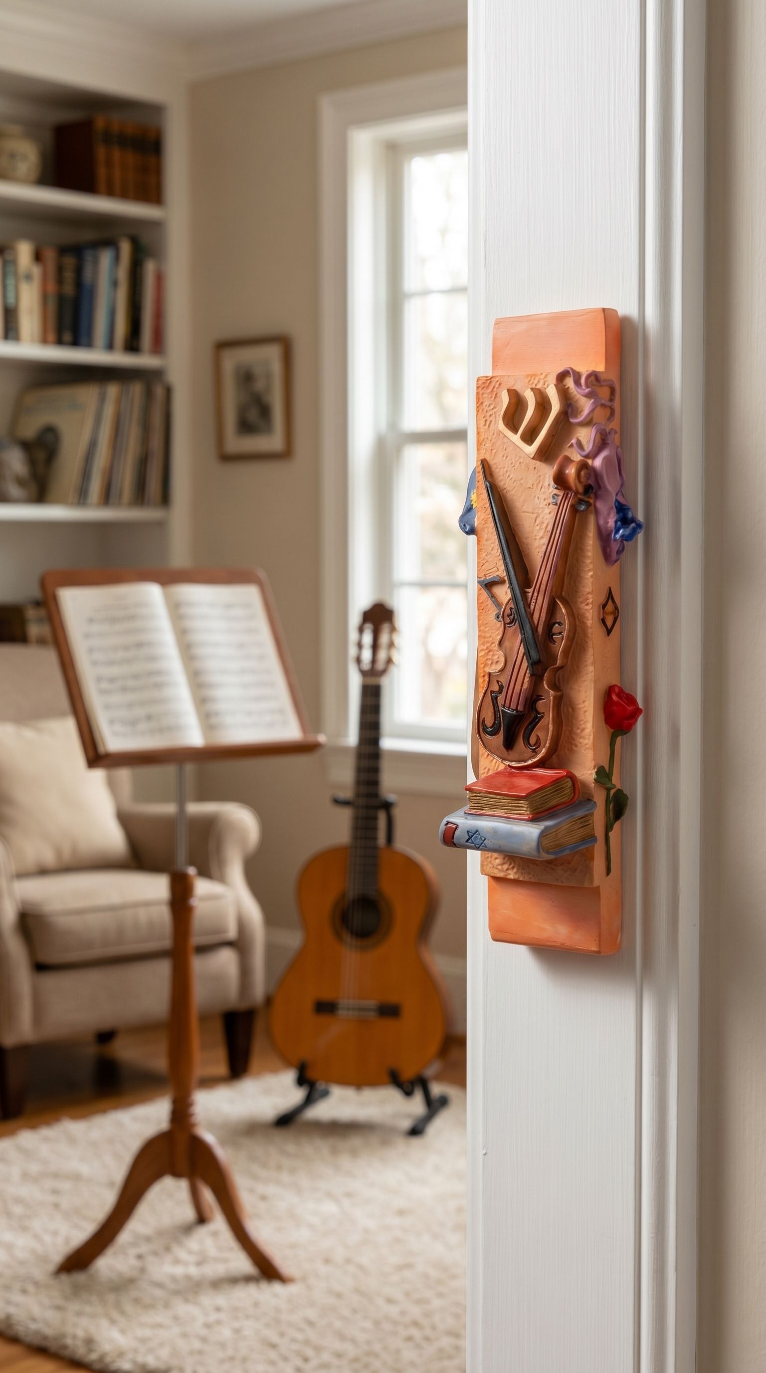 Hyper-realistic image of a bold orange violin motif mezuzah mounted on a narrow doorway in a music-themed room, emphasizing craftsmanship and vibrant color.