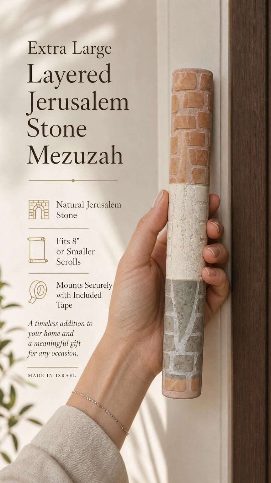 Person holding the Jerusalem stone mezuzah in a premium editorial style with warm natural light and balanced composition.