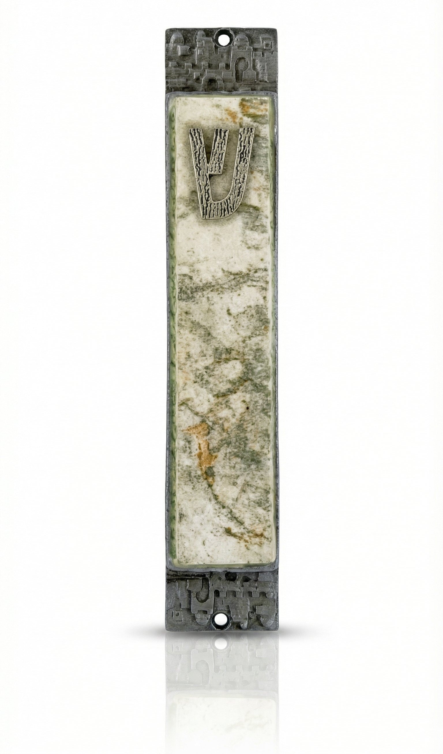 Elegant handmade green marble mezuzah made of pewter with enamel, designed for doorposts, showcasing Hebrew inscriptions and intricate details.