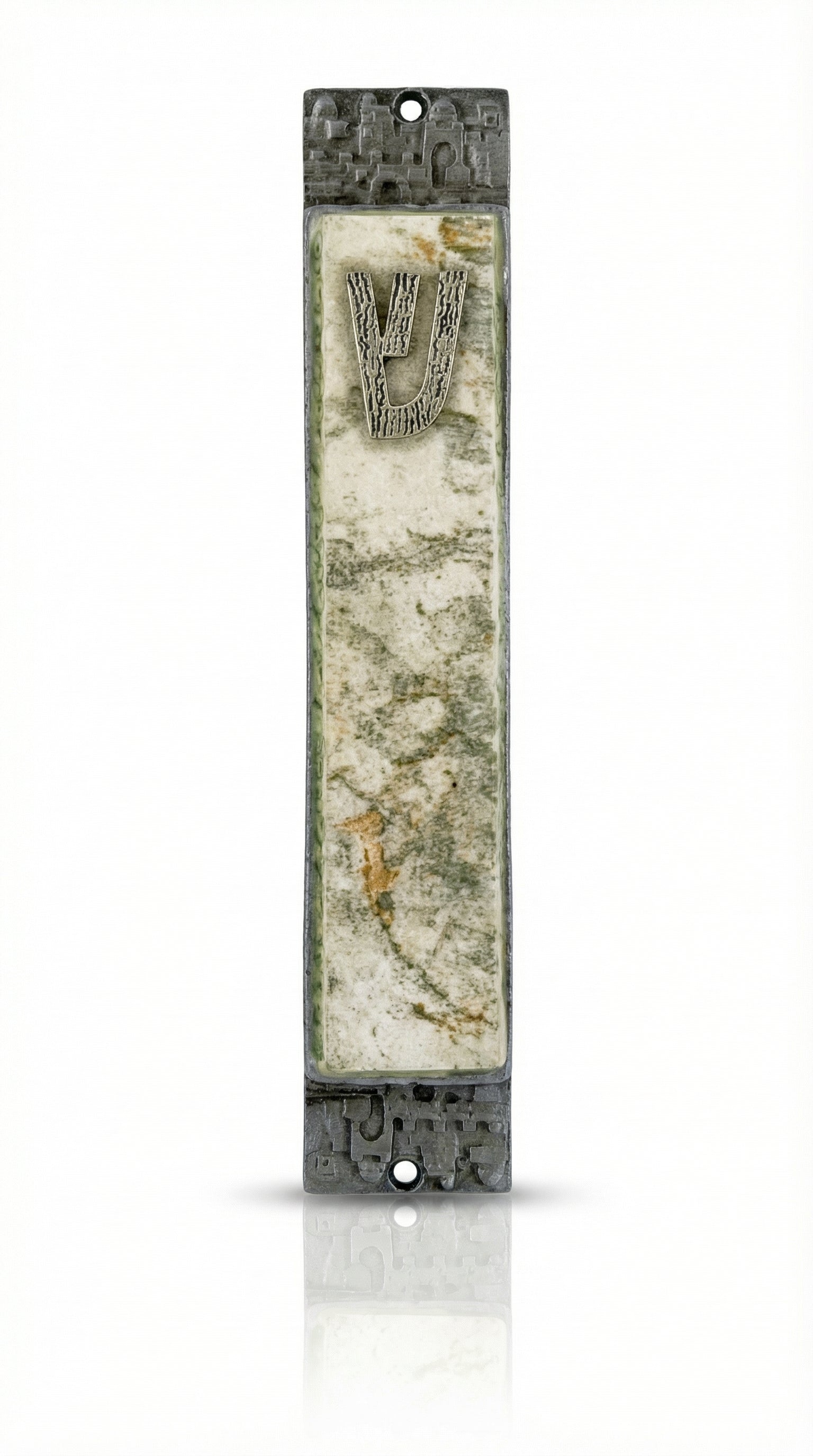 Elegant handmade green marble mezuzah made of pewter with enamel, designed for doorposts, showcasing Hebrew inscriptions and intricate details.
