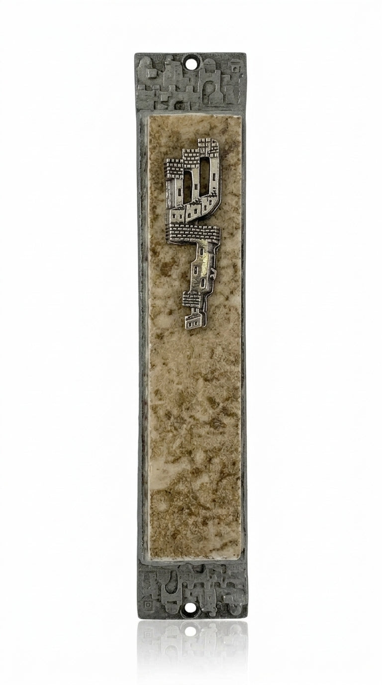 High-resolution image of a natural marble mezuzah made of pewter, hand painted with enamel, showcasing detailed craftsmanship and design.
