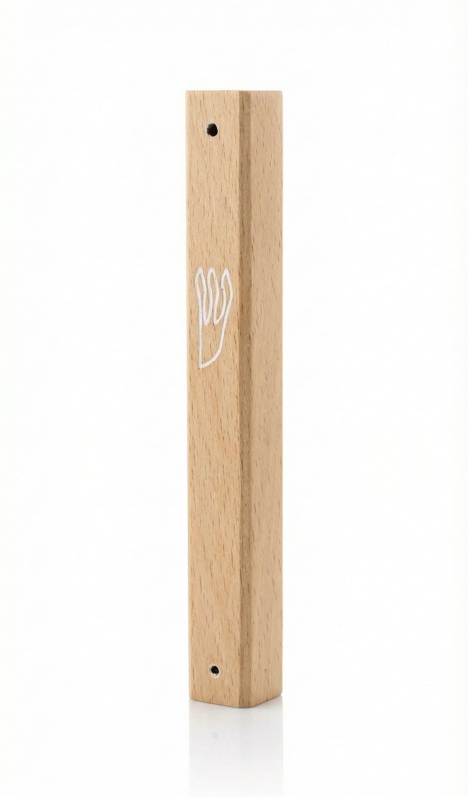 Elegant natural white oak wood mezuzah made in Israel with detailed Hebrew engravings, designed for doorposts in home and religious settings.
