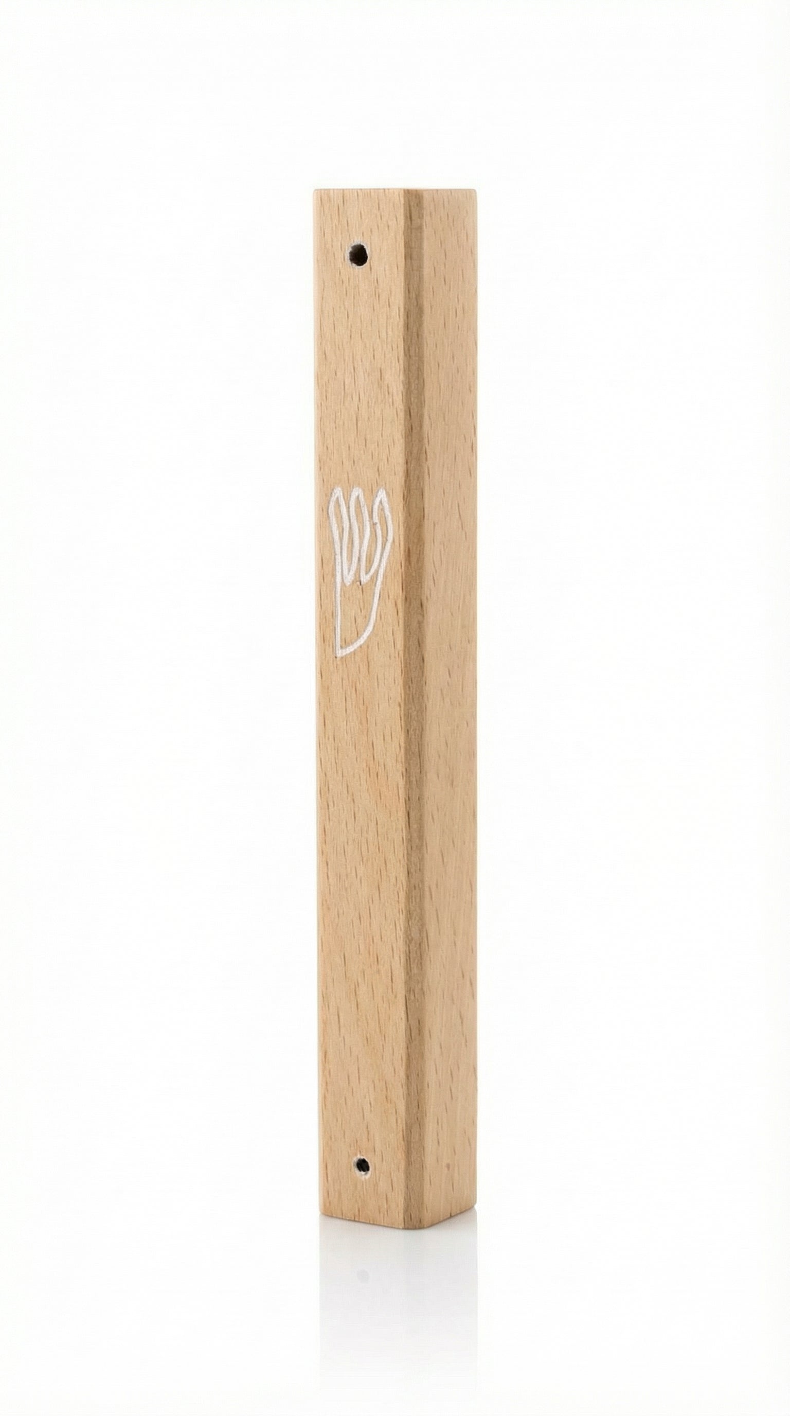 Elegant natural white oak wood mezuzah made in Israel with detailed Hebrew engravings, designed for doorposts in home and religious settings.