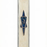 Navy blue mezuzah with pewter sailor's rope edges, cream enamel background, detailed Hebrew lettering, and decorative motifs for home blessing.