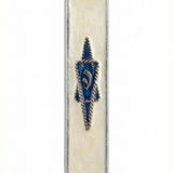Navy blue mezuzah with pewter sailor's rope edges, cream enamel background, detailed Hebrew lettering, and decorative motifs for home blessing.