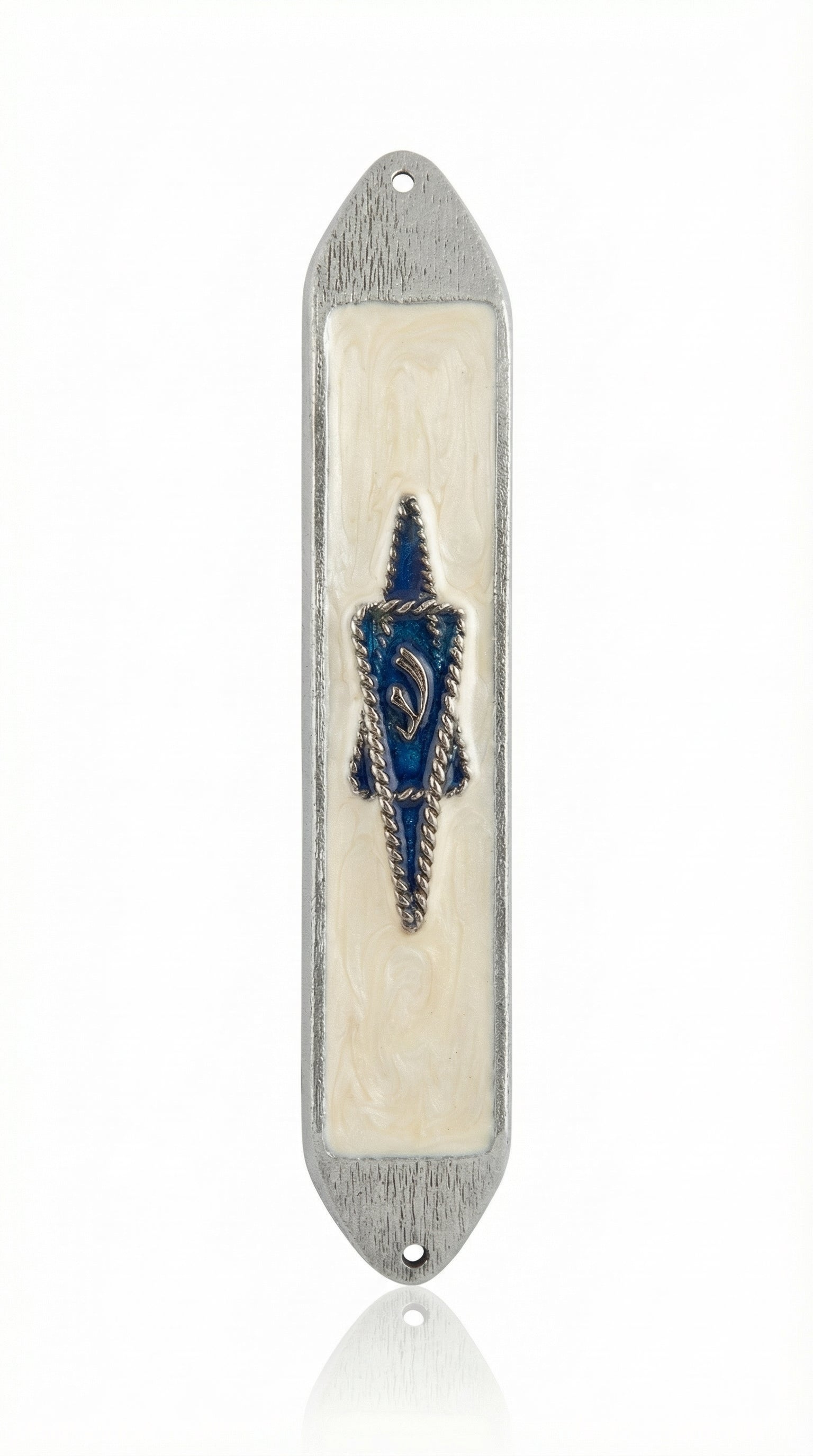 Navy blue mezuzah with pewter sailor's rope edges, cream enamel background, detailed Hebrew lettering, and decorative motifs for home blessing.
