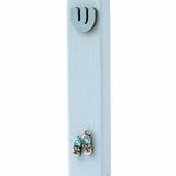 Wooden light blue baby boy mezuzah with tiny silver shoes and sparkling blue sequins for doorpost